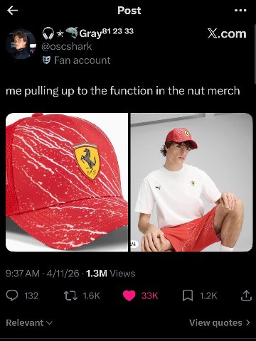 Post 23 33 X.com @oscshark Fan account me pulling up to the function in the nut merch А А 9:37 4/11/26 Views 132 Relevant View quotes