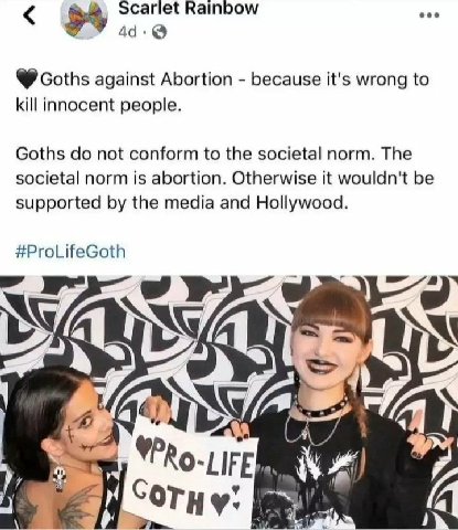 Scariet Rainbow Goths against Abortion because it's wrong to kill innocent people. Goths not conform to the societal norm. The societal norm is abortion. Otherwise it wouldn't be supported the media a