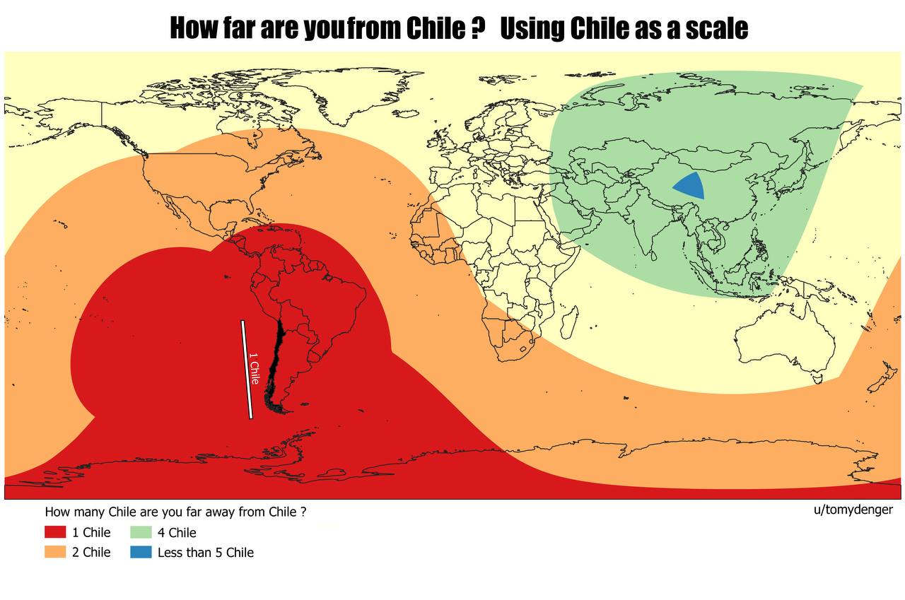 How far are youfrom Chile? Using Chile as а scale nad Я How many Chile are you far away from Chile u/tomydenger 1 Chile 4 Chile 2 Chile №9 Less than 5 Chile