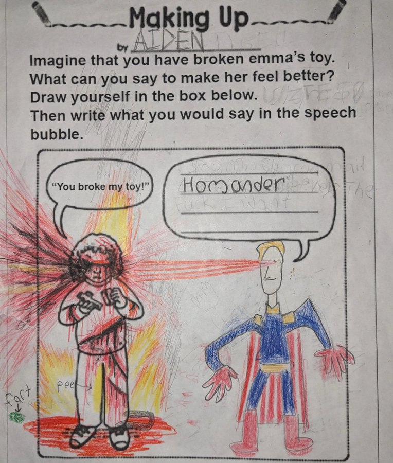 акт Imagine you have broken emma’s foy. What can you say to make her feel better? Draw yourself in the box below Then write what you would say in the speech bubble “You broke my toy 1” A JAG; as A A C