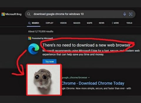 Microsoft Bing О download google chrome for windows 10 SEARCH COPILOT VIDEOS IMAGES MAPS NEWS MORE TOOLS About 5,770,000 results {8 Promoted Microsoft There's no need to download a new web browser rec