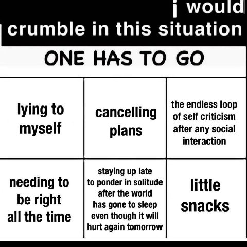 WOUIC crumble in this situation ONE HAS TO lying to the endless loop cancelling of self criticism myself plans after any social interaction staying up late needing to to ponder in solitude little be r