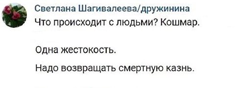 Светлана Шагивалеева/дружинина Что происходит с людьми? Кошмар. Одна жестокость. Надо возвращать смертную казнь.
