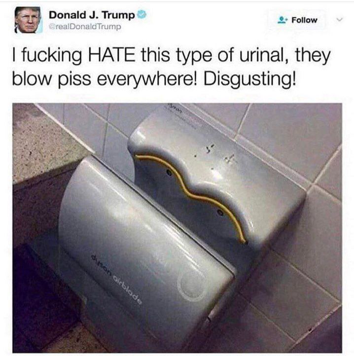 Donald Trump Follow realDonaldTrump fucking HATE this type of urinal, they blow piss everywhere! Disgusting! ON a