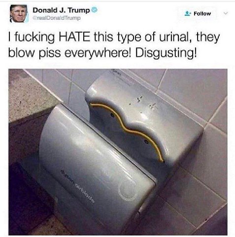 Donald Trump Follow realDonaldTrump fucking HATE this type of urinal, they blow piss everywhere! Disgusting! ON a