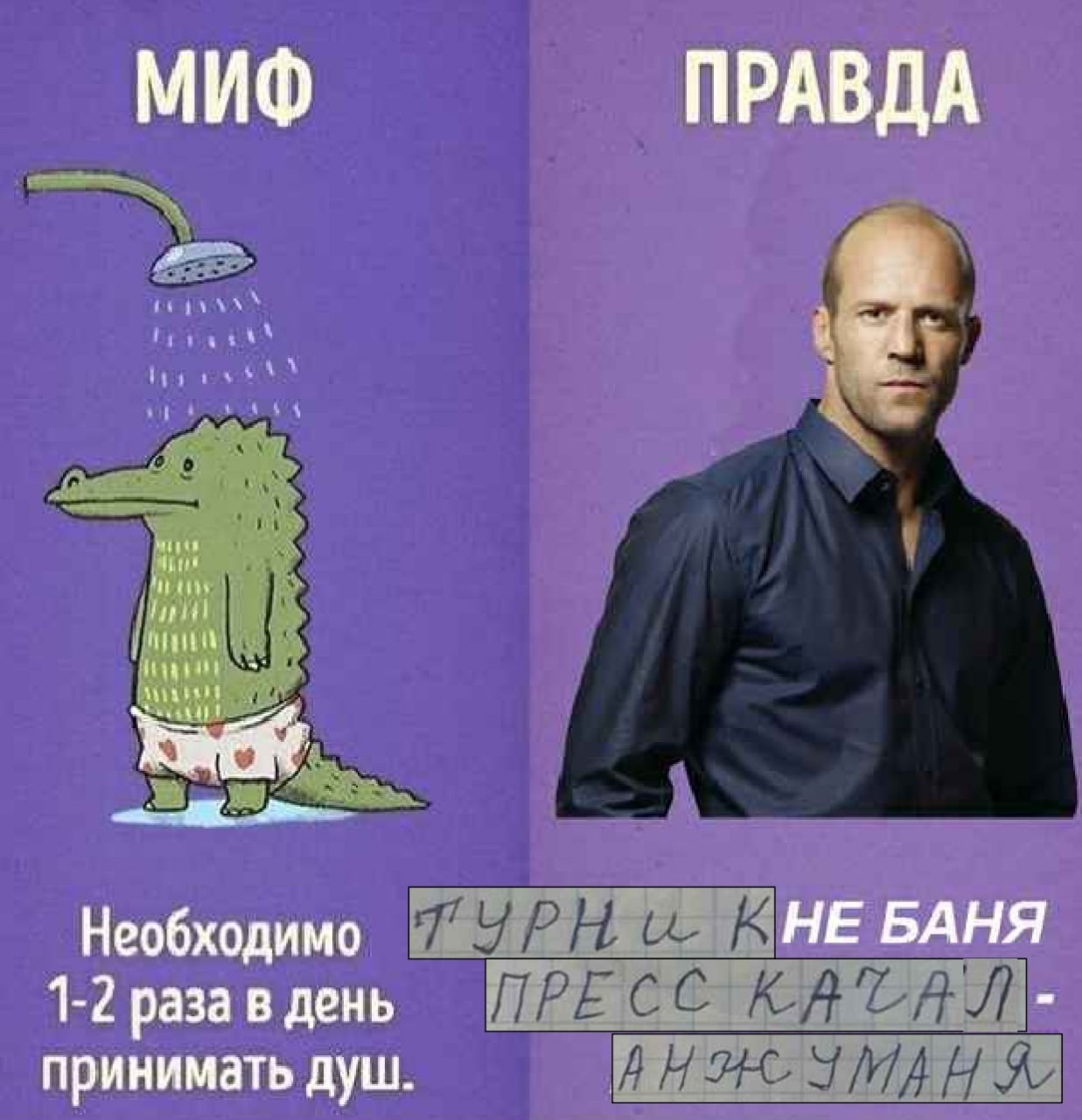 МИФ ПРАВДА ини Необходимо НЕ БАНЯ 1-2 раза в день принимать душ.