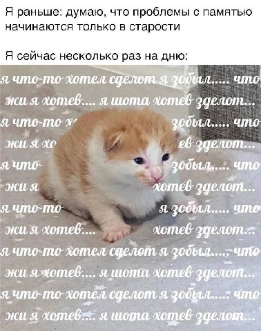 Я раньше: думаю, что проблемы с памятью начинаются только в старости Я сейчас несколько раз на дню: я что-то лотел ABO что я хотеб.... я шота хотеб эделот... я что: Я, что я. что-то я з0дЫыл..... хоте