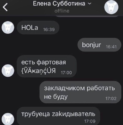 Елена Субботина У У НОЁа 46:39 bonjur 16:41 есть фартовая У {VAKangUA 17:00 закладчиком работать не буду 17:02 У трубуеца гаКидыватель 17:09