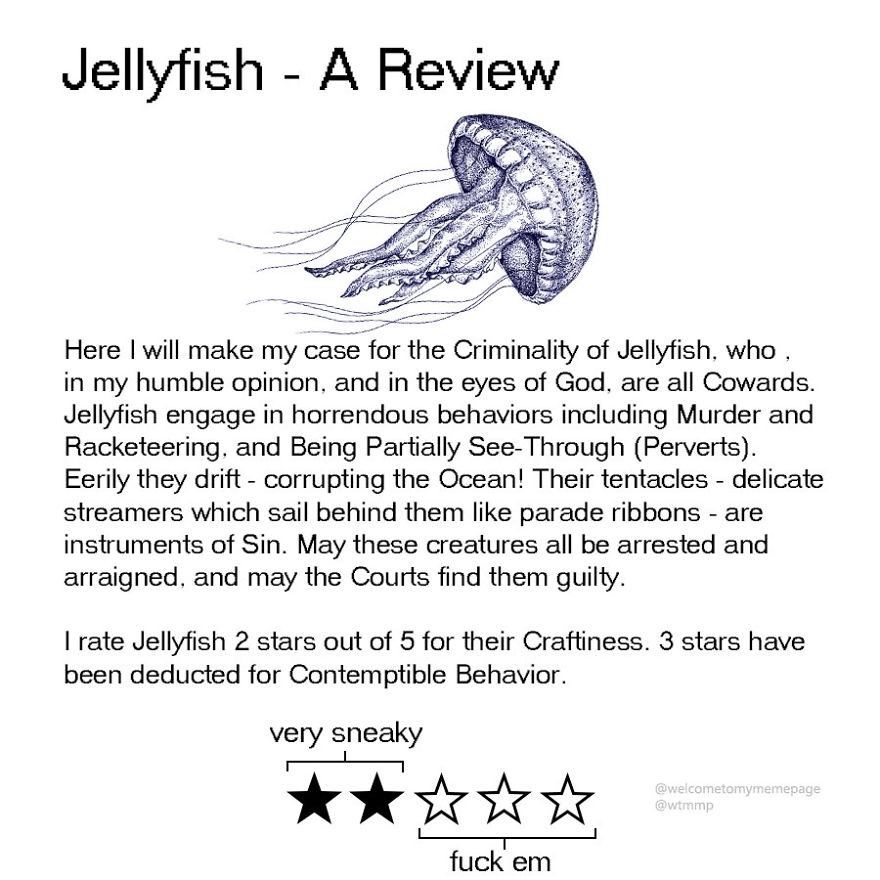 Jellyfish А 222 Here will make my Criminality of Jellyfish. who in my humble opinion, and in the eyes of God, are all Cowards. Jellyfish engage in horrendous behaviors including Murder and Racketeerin