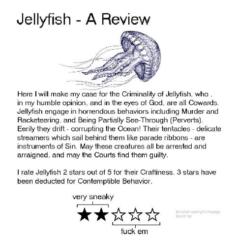 Jellyfish А 222 Here will make my Criminality of Jellyfish. who in my humble opinion, and in the eyes of God, are all Cowards. Jellyfish engage in horrendous behaviors including Murder and Racketeerin