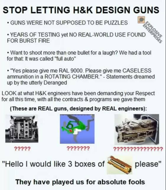 STOP LETTING DESIGN GUNS GUNS WERE NOT SUPPOSED ТО PUZZLES к YEARS OF TESTING yet NO REAL-WORLD USE FOUND FOR BURST FIRE Want to shoot more than one bullet for a laugh? We had a tool for that: К was c
