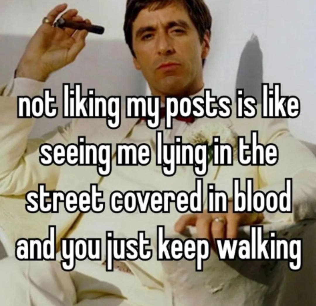 not liking my posts is like seeing me lying in the street covered in blood and you just keep walking
