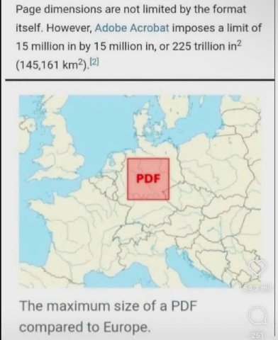Page dimensions are not limited the format itself. However, Adobe Acrobat imposes a limit of 15 million in 15 million in, or 225 trillion in? (145,161 The maximum size of a PDF compared to Europe.