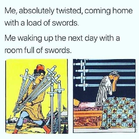 Me, absolutely twisted, coming home with a load of swords. Me waking up the next day with a room full of swords.