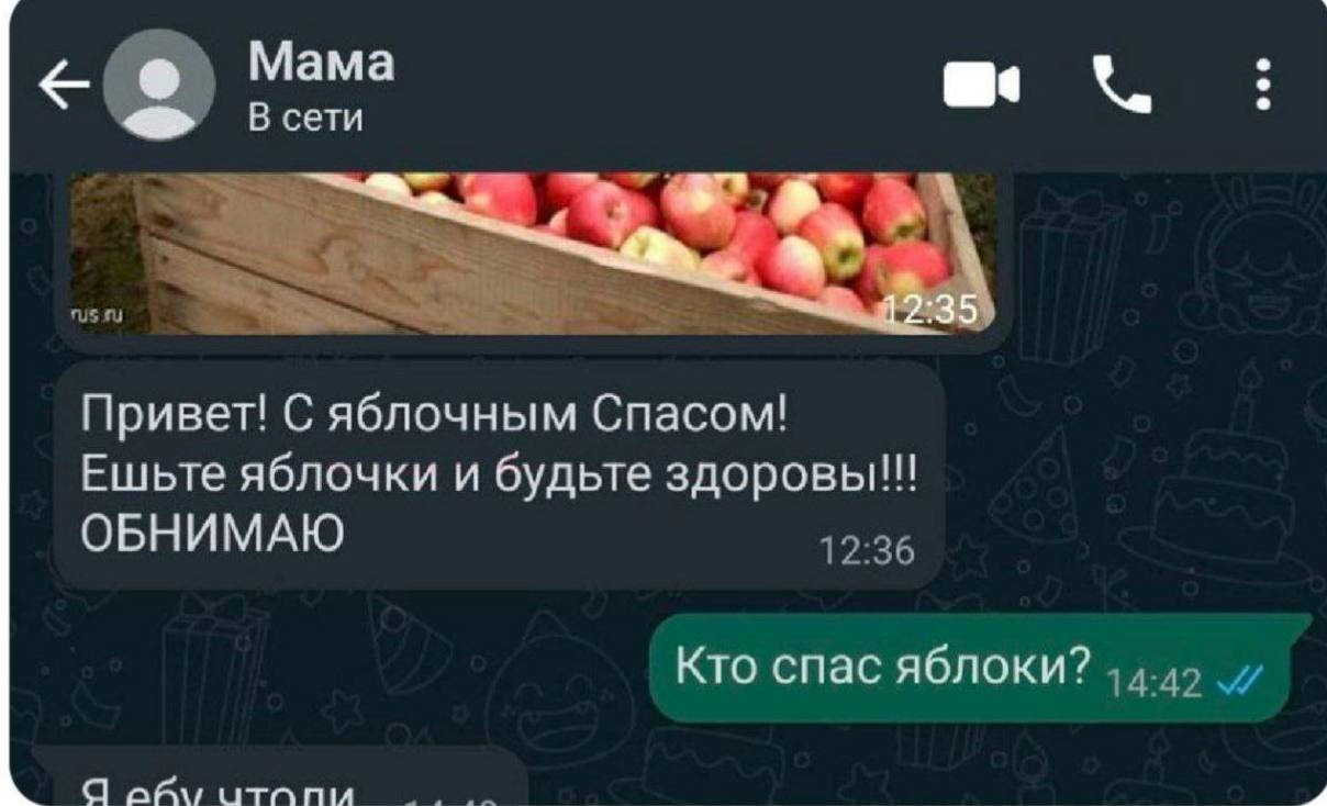 Мама В сети Привет! С яблочным Спасом! Ешьте яблочки и будьте здоровы!!! ОБНИМАЮ 12:36 Кто спас яблоки? Я