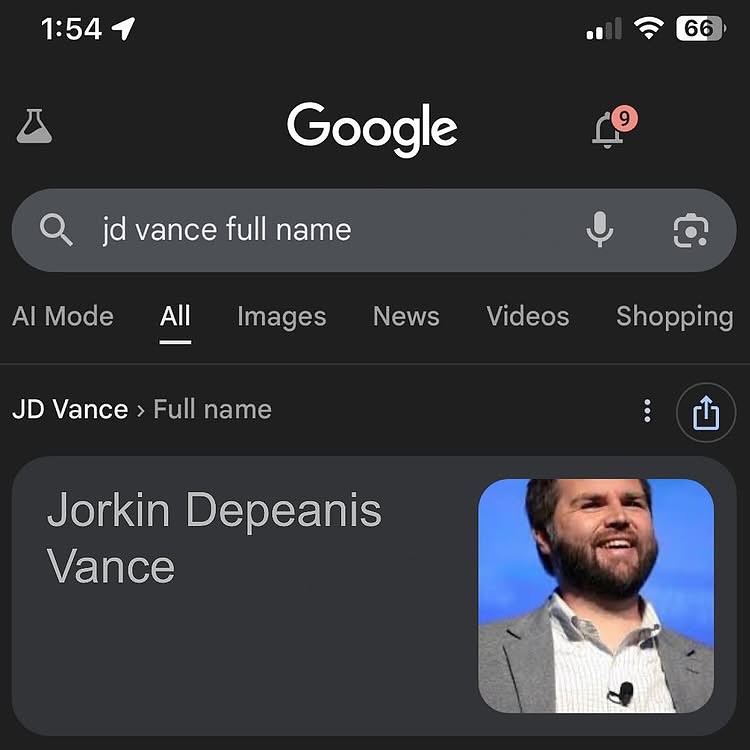 1:54 4 Google О full name Моде Images News Videos Shopping Vance Full name Jorkin Depeanis Vance