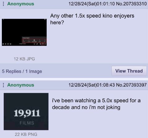 Anonymous 12/28/24(Sat)01:01:10 No.207393310 Any other speed Кто enjoyers 12 JPG 5 Replies 1 Image View Thread Anonymous 12/28/24(Sat)01:08:43 No.207393397 i've been watching a speed for a decade and 