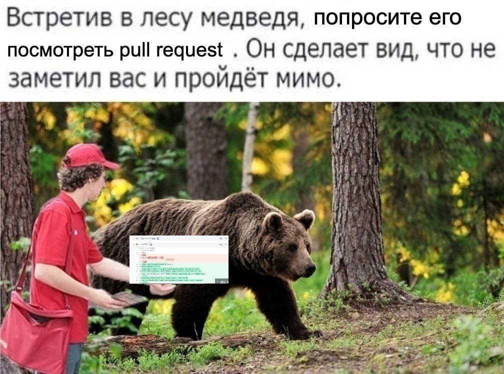 Встретив в лесу медведя, попросите его посмотреть pull request Он сделает вид, что не заметил вас и пройдёт мимо. —2 i.
