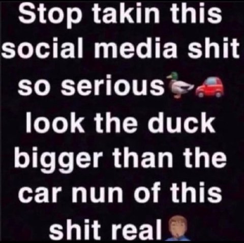 Stop takin this social media shit so serious look the duck bigger than the car nun of this shit real