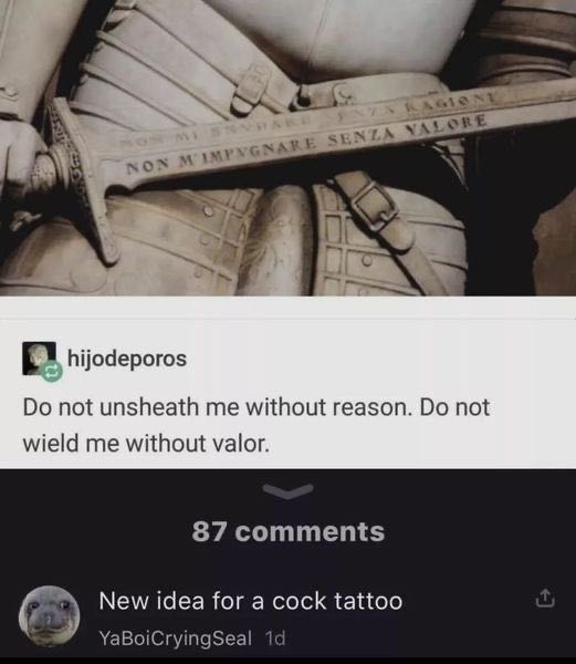 ARE ENLA VALORE hijodeporos not unsheath me without reason. not wield me without valor. 87 comments New idea for a cock tattoo YaBoiCryingSeal