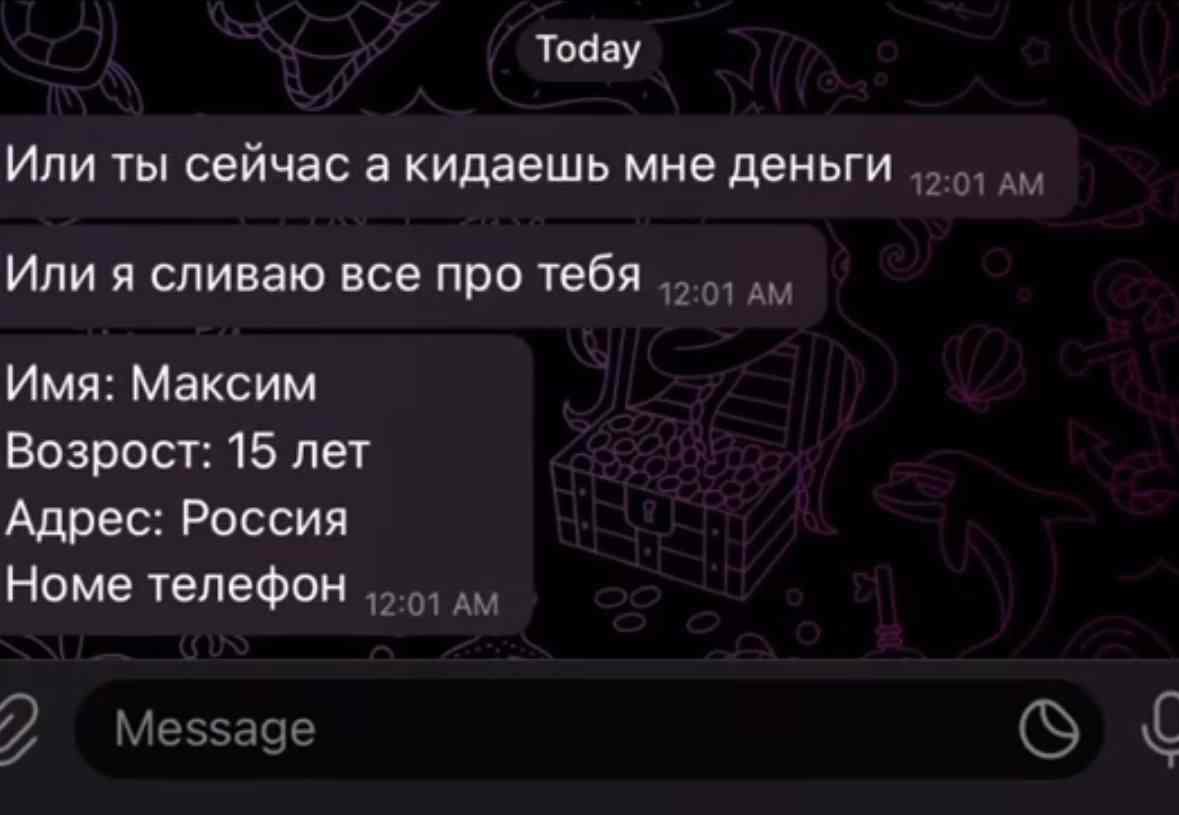 Тодау Или ты сейчас а кидаешь мне деньги 12:01 Или я сливаю все про тебя Имя: Максим Возрост: 15 лет Адрес: Россия Номе телефон Message
