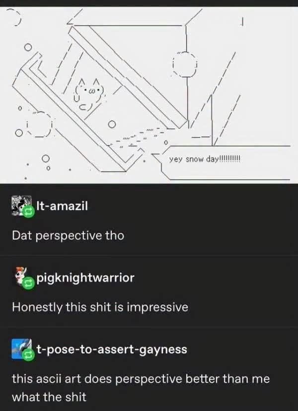 о yey snow It-amazil Dat perspective tho pigknightwarrior Honestly this shit is impressive t-pose-to-assert-gayness this ascii art does perspective better than me what the shit