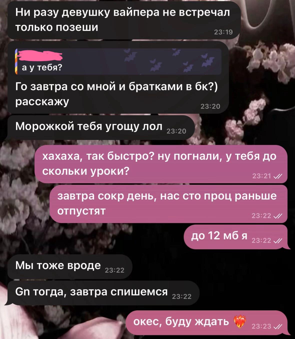 Ни разу девушку вайпера не встречал только позеши рау тебя? у завтра мной и братками в расскажу Морожкой тебя угощу лол хахаха, так быстро? ну погнали, у тебя до скольки уроки? 23:21. завтра сокр день