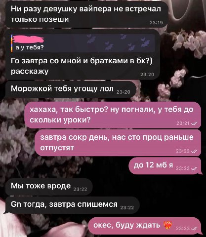 Ни разу девушку вайпера не встречал только позеши рау тебя? у завтра мной и братками в расскажу Морожкой тебя угощу лол хахаха, так быстро? ну погнали, у тебя до скольки уроки? 23:21. завтра сокр день