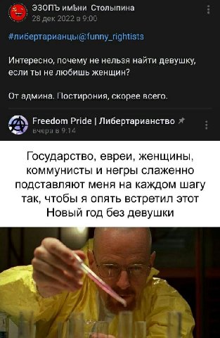 ЭЗОПЪ имЬни Столыпина Интересно, почему не нельзя найти девушку, если ты не любишь женщин? От админа. Постирония, скорее всего. Freedom Pride Либертарианство Государство, евреи, женщины, коммунисты и 