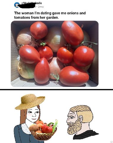 The woman dating gave me onions and tomatoes from her garden. я a