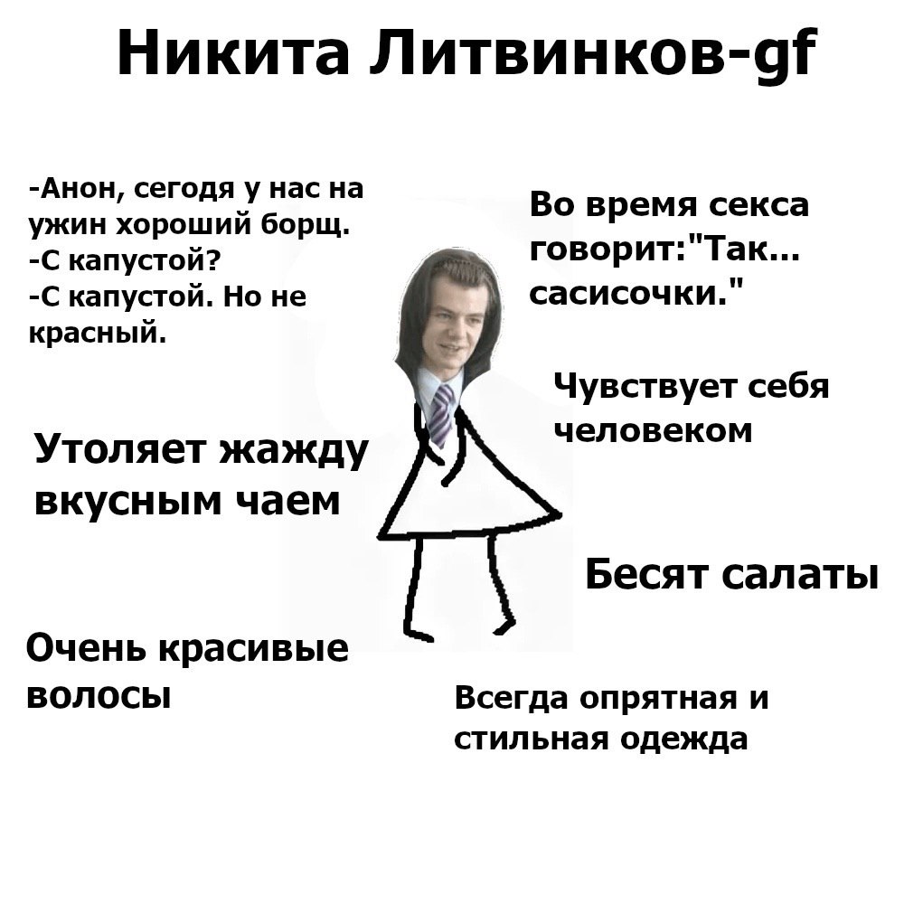 Никита JIMTBUHKOB-gf -Анон, сегодя у нас на Во время секса ужин хороший борщ. говорит:"Так... -С капустой? -С капустой. Но не сасисочки." красный. Чувствует себя человеком Утоляет жажду вкусным чаем Б