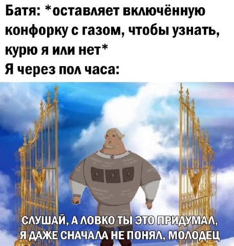 Батя: *оставляет включённую конфорку с газом, чтобы узнать курю я или нет* Я через пол часа СЛУШАЙ, A AOBKO ПРИДУМАЛ, Я ДАЖЕ СНАЧАЛА НЕ ПОНЯЛ, МОЛОДЕЦ