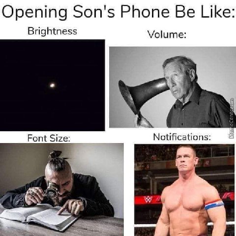 Opening Son's Phone Be Like: Brightness Volume: Font Size: Notifications: 5,
