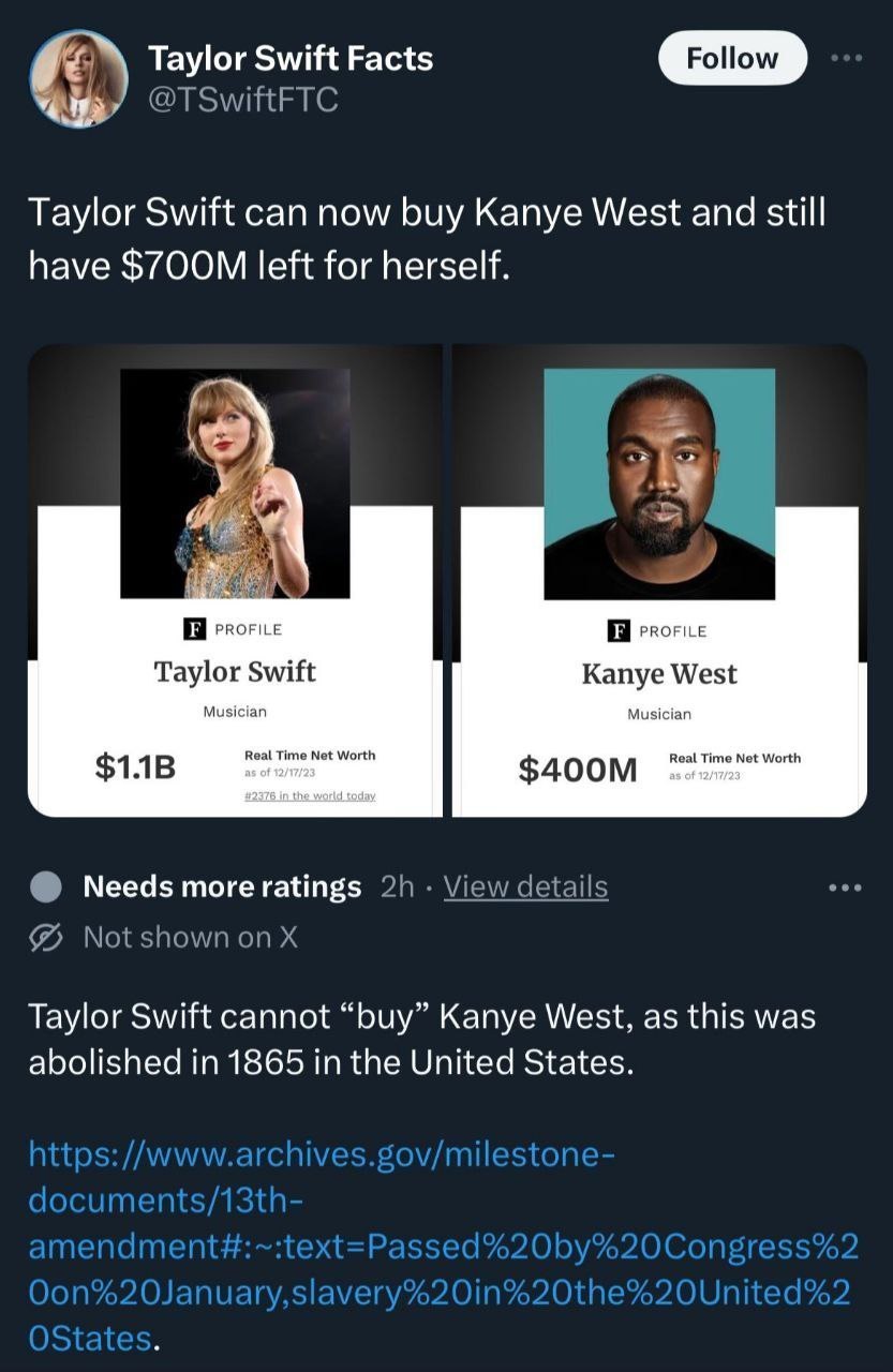 Swift Facts Taylor Swift can now buy Kanye West and still have left for herself. В a Taylor Swift Kanye West Musician Musician #2376 in the world today Needs more ratings Taylor Swift cannot “buy” Kan