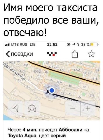 Имя моего таксиста победило все ваши, отвечаю! LTE 22:52 4$ 33% a” Через 4 мин. приедет Аббосали на Toyota Aqua, цвет серый