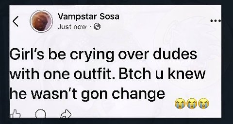 Girl's be crying over dudes with one outfit. Btch knew he wasnt доп спапде a Nop