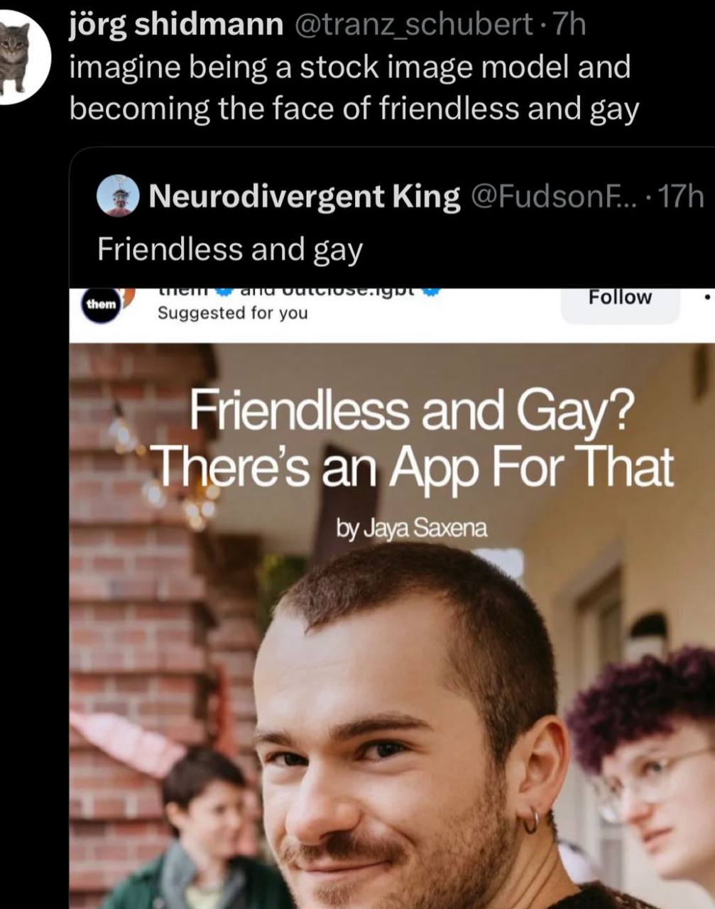 jorg shidmann imagine being а stock image model and becoming the face of friendless and gay Neurodivergent King Friendless and gay them ollow Suggested for you Friendless and Gay? an App For That Jaya