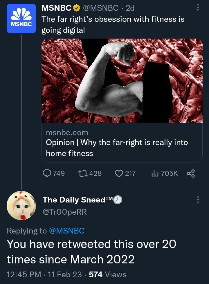 MSNBC @MSNBC The far right’s obsession with fitness is going digital msnbc.com Opinion Why the far-right is really into home fitness 131428 Ни The Daily у @TrOOpeRR Replying to @MSNBC You have retweet