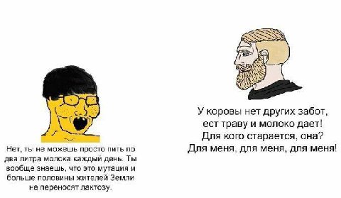 У коровы нет других забот, ест траву и молоко дает! Для кого старается, она? Нет, ты не можешь просто пить по Для меня, для меня, для меня! два литра молока каждый день. Ты вообще знаешь, что это мута