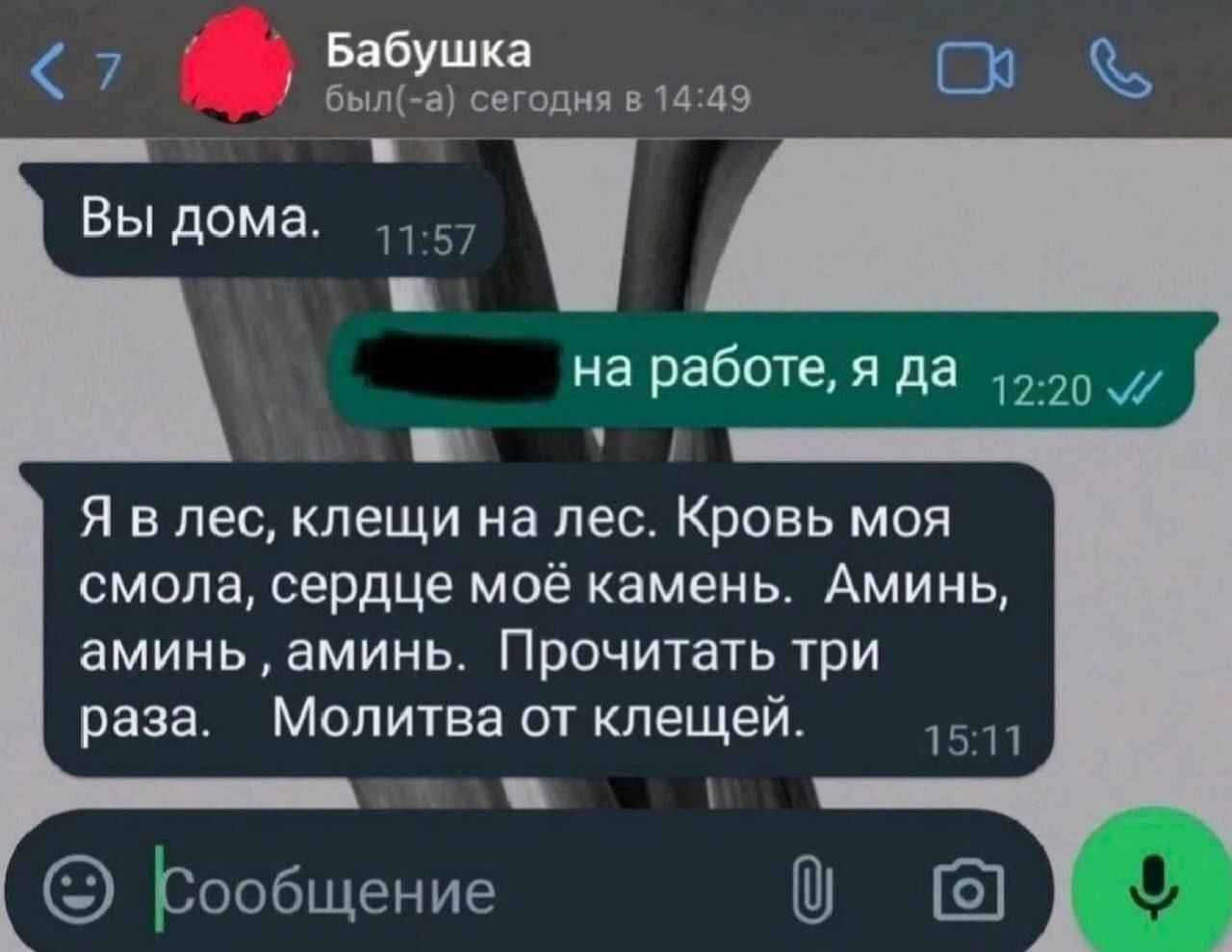 Бабушка был(-а) сегодня в 14:49 Вы дома. 11:57 на работе, я да 45.59 Я в лес, клещи на лес. Кровь моя смола, сердце моё камень. Аминь, аминь аминь. Прочитать три раза. Молитва от клещей. 15:11 Сообщен