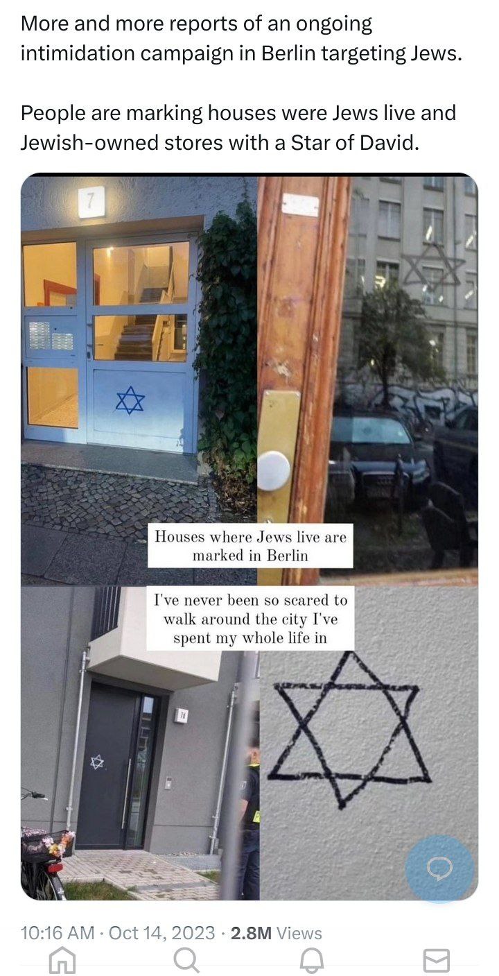 More and more reports of an ongoing intimidation campaign in Berlin targeting Jews. People are marking houses were Jews live and Jewish-owned stores with a Star of David. a WoW i 4 Houses where Jews l