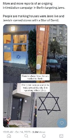 More and more reports of an ongoing intimidation campaign in Berlin targeting Jews. People are marking houses were Jews live and Jewish-owned stores with a Star of David. a WoW i 4 Houses where Jews l