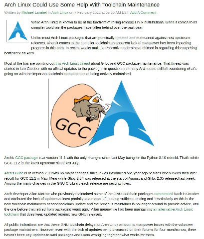 Arch Linux Could Use Some Help With Toolchain Maintenance Written Michael Larabel in Arch Linux on 7 February 2022 at 05:30 EST. Add A Comment While Arch Linux is known to be at the forefront of rolli