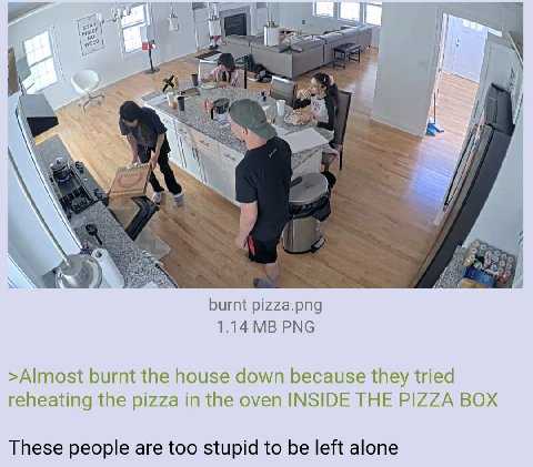 I JON 7 1 а В burnt pizza.png 1.14 PNG >Almost burnt the house down because they tried reheating the pizza in the oven INSIDE THE PIZZA BOX These people are too stupid to be left alone