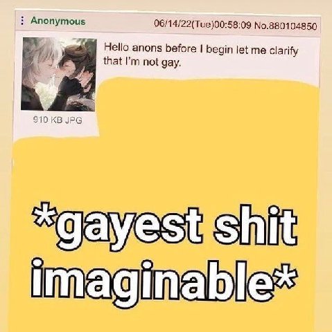 Anonymous 06/14/22(Tue)00:58:09 No.880104850 Hello anons before begin let me Clarify that not gay. 910 JPG imaginables