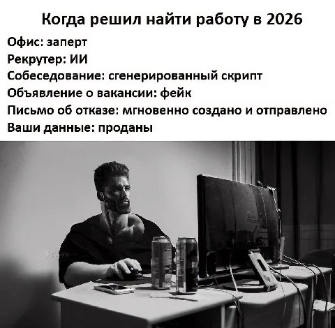 Когда решил найти работу в 2026 Офис: заперт Рекрутер: Собеседование: сгенерированный скрипт Объявление о вакансии: фейк Письмо об отказе: мгновенно создано и отправлено Ваши данные: проданы