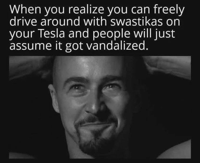 When you realize you can freely drive around with swastikas on your Tesla and people will just assume it got vandalized.