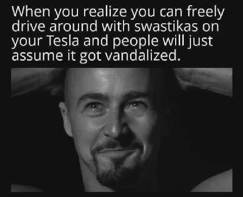 When you realize you can freely drive around with swastikas on your Tesla and people will just assume it got vandalized.