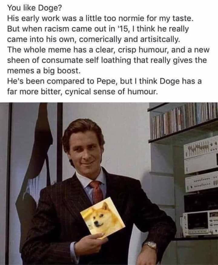 You like Doge? His early work was a little too normie for my taste. But when racism came out in ‘15, think he really came into his own, comerically and artisitcally. The whole meme has a clear, crisp 
