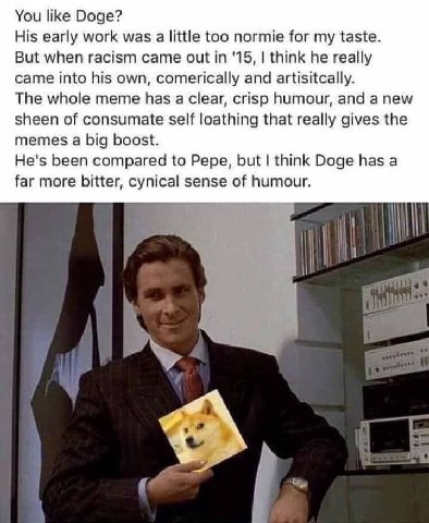 You like Doge? His early work was a little too normie for my taste. But when racism came out in ‘15, think he really came into his own, comerically and artisitcally. The whole meme has a clear, crisp 